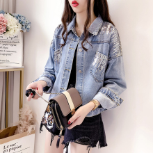欧洲站ni仔外套女2ai春季新式韩款流苏重工绣花亮片夹克牛仔衫潮