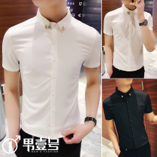 发型师nj色衬衫男士zl款修身帅气休闲半袖衬衣潮流夜场黑寸衫
