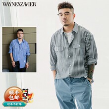 韦恩泽nv尔加肥加大at码休闲商务宽松条纹长袖衬衣衬衫男5999