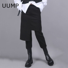 UUMoz2021春x8女裤港风范假俩件设计黑色高腰修身显瘦9分裙裤