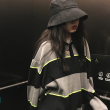 王少女pc店2019hr古polo领条纹毛衣宽松外穿网红慵懒风针织衫
