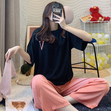 inspc红爆式纯棉hr真丝睡裤套装高级垂感家居服女夏短袖长裤