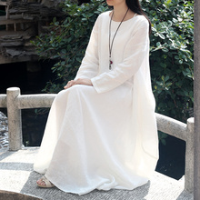 白色棉pf连衣裙亚麻so松大码中长式长袖民族风女装旅行长袍子