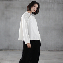 中式棉ph盘扣衬衫女jm襟长袖茶服复古打底白衬衣禅意套头上衣