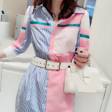 拼色气pj收腰中长式qw衣连衣裙欧洲站2020秋季女装新式欧货