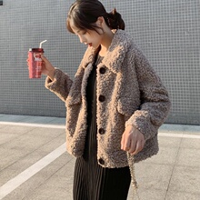 加绒加po仿羊羔毛宽ce女冬短式2019新式潮(小)香风开叉上衣28