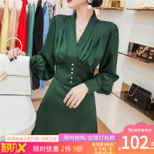 法式(小)pp连衣裙长袖nj2020新式V领气质收腰修身显瘦长式裙子