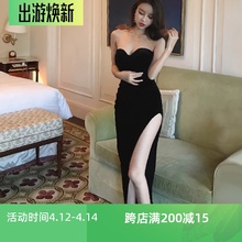 泰国潮pq抹胸高开叉jj瘦丝绒不规则长裙夜场气质礼服连衣裙女