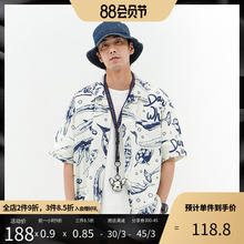 714putreetxi士鲸鱼印花夏威夷短袖衬衫半袖衬衣情侣男女国潮