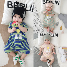 宝宝夏pu童装可爱羊hi印花连体衣条纹纯棉婴儿爬服婴幼儿服饰