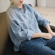 谷家 pu子衬衫女复hi 春秋式宽松亚麻长袖衬衣女外套