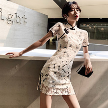 改良旗pu女紧身短式hi瘦中国风复古年轻式少女性感蕾丝连衣裙