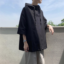 旋律风pu纯色衬衫男ng季韩款潮流连帽套头休闲上衣短袖衬衣潮