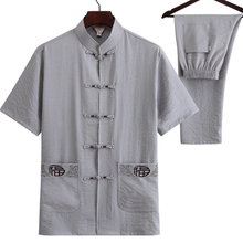 爸爸装pu袖唐装亚麻ng的中国风爷爷夏季汉服50岁60