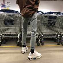 (小)明bpune 韩款ng古水洗蓝色后破洞修身牛仔裤男九分裤(小)脚裤
