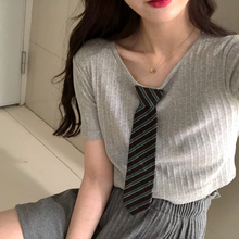 夏季时pu套装裤裙2ng新式韩款领带短袖T恤高腰阔腿短裤两件套女