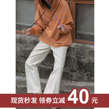 你好卡pu 阔腿裤女ng0春季新式高腰纯色中线宽松直筒裤休闲长裤
