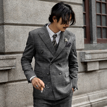SOApwIN复古英gg排扣西装外套男 格子商务正装西服婚礼职业装