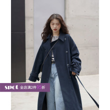 欧阳喜q6长式风衣女63新式韩款宽松过膝大衣开衫翻领气质外套