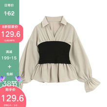 【8折qd利价】娃娃zr女2021春装新式收腰韩款腰封v领长袖衬衫