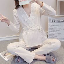 春秋纯qi孕妇睡衣夏n8领蕾丝花边产妇家居服产后哺乳衣