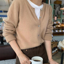 初秋新qi羊绒开衫女ng松套头针织衫毛衣短式打底衫羊毛厚外套