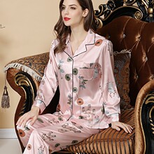 睡衣女qs冰丝睡衣长cj大码丝绸家居服仿真丝绸睡衣套装女睡衣