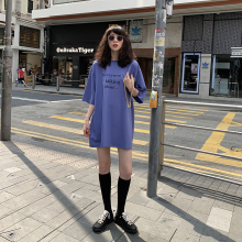 JHXqs 字母印花cj领T恤女短袖2019夏季新式宽松韩款长式T恤裙