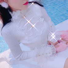 针织连qs裙女修身中cj冬洋气韩款内搭拼接蕾丝高领打底毛衣白