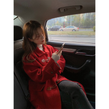 直播间qx折不退不换tg新式秋冬红色牛角扣大衣女连帽中长式bh