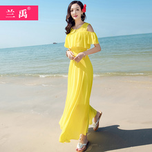 很仙的qz纺连衣裙夏bw0新式吊带大摆黄色沙滩裙修身显瘦超仙长裙