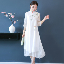 素雅茶rf禅意改良旗oy裙中国风超仙气复古宽松茶艺师服装女秋