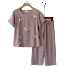 凉爽奶rm装夏装套装ml女妈妈短袖棉麻睡衣老的夏天衣服两件套