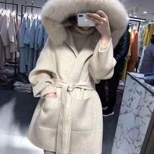 双面羊ry大衣女20kd季新式进口狐狸大毛领宽松带帽毛呢外套女