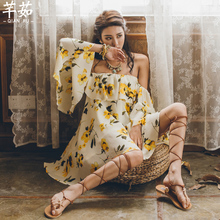海边度sa女泰国新式an连衣裙一字领短裙荷叶边印花裙子