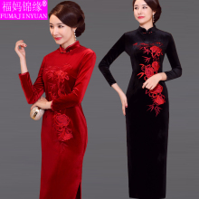 长式金sc绒旗袍妈妈jm质中年女冬季加绒加厚长袖旗袍结婚礼服