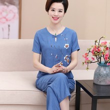 36中sf年女夏装妈gs0-50-60岁奶奶仿棉麻短袖套装大码两件套