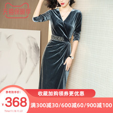 金女长sh2020秋in高腰V领中长式气质过膝裙子8900