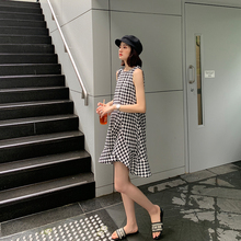 A7sshven背心qs女夏千鸟格子拼接无袖圆领不规则A字荷叶边短裙