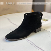 商场撤si女靴202an式英伦风圆头羊皮侧拉链马丁靴中粗跟女短靴