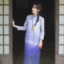 棉麻(小)sj花连衣裙秋tq麻复古盘扣禅茶服布衣女装时尚旗袍改良
