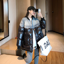 宋正恩sq衣棉服女冬ny20新式潮韩款宽松牛仔拼接亮面中长式外套