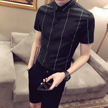 男士条sq衬衫短袖韩ny潮流半袖衣服帅气修身衬衣发型师寸衣男