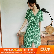 BELsrYWEARco季印花裹身长裙短袖交叉V领时尚外出哺乳连衣裙