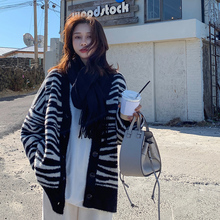 EKOsrL马海毛加sj开衫女秋冬新式条纹拼色宽松V领针织开衫外套