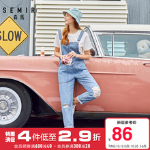 【门店st货】森马2qf春季新式文艺休闲牛仔背带裤女潮流破洞长裤