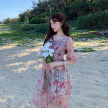 豆丁BsuAN DIng腰显瘦气质仙女印花雪纺碎花欧根纱蓬蓬裙