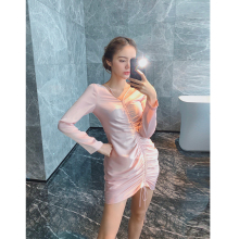 汤元家sxD泫雅V领hc衣裙女秋装2019新式修身粉色抽绳长袖裙
