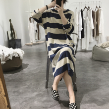 连帽针sx裙秋季宽松hc过膝韩款显瘦条纹长袖减龄针织衫连衣裙