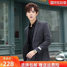格子(小)ta装男士休闲ao款修身潮流痞帅气上衣单件西服正装套装